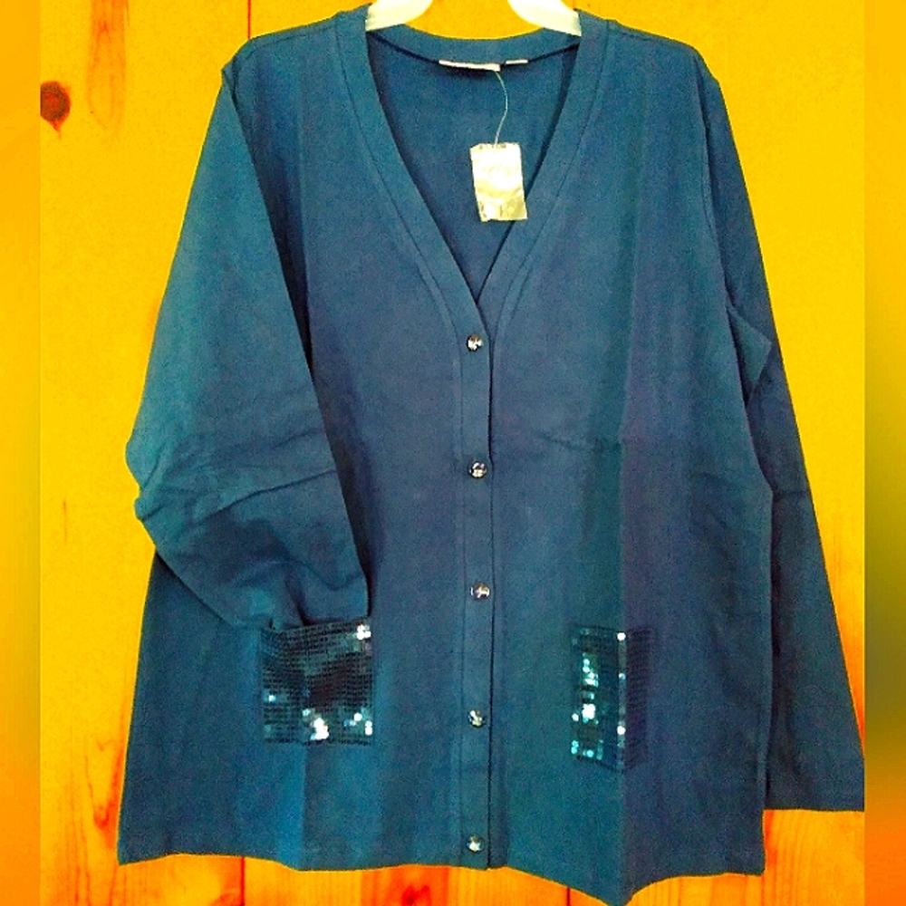 Quacker Factory Cotton Knit Cardigan w/Sequin Pockets
